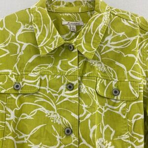 JM Collection Abstract Floral Lime Green‎ Denim Jacket Button Front Size 16